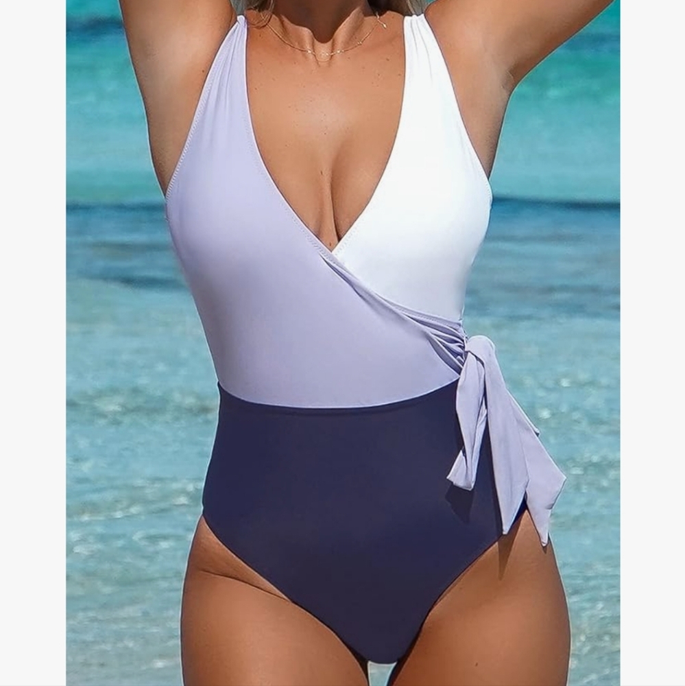 Women's Color Purple White Block Tie Side One Piece Swimsuit Size Midium